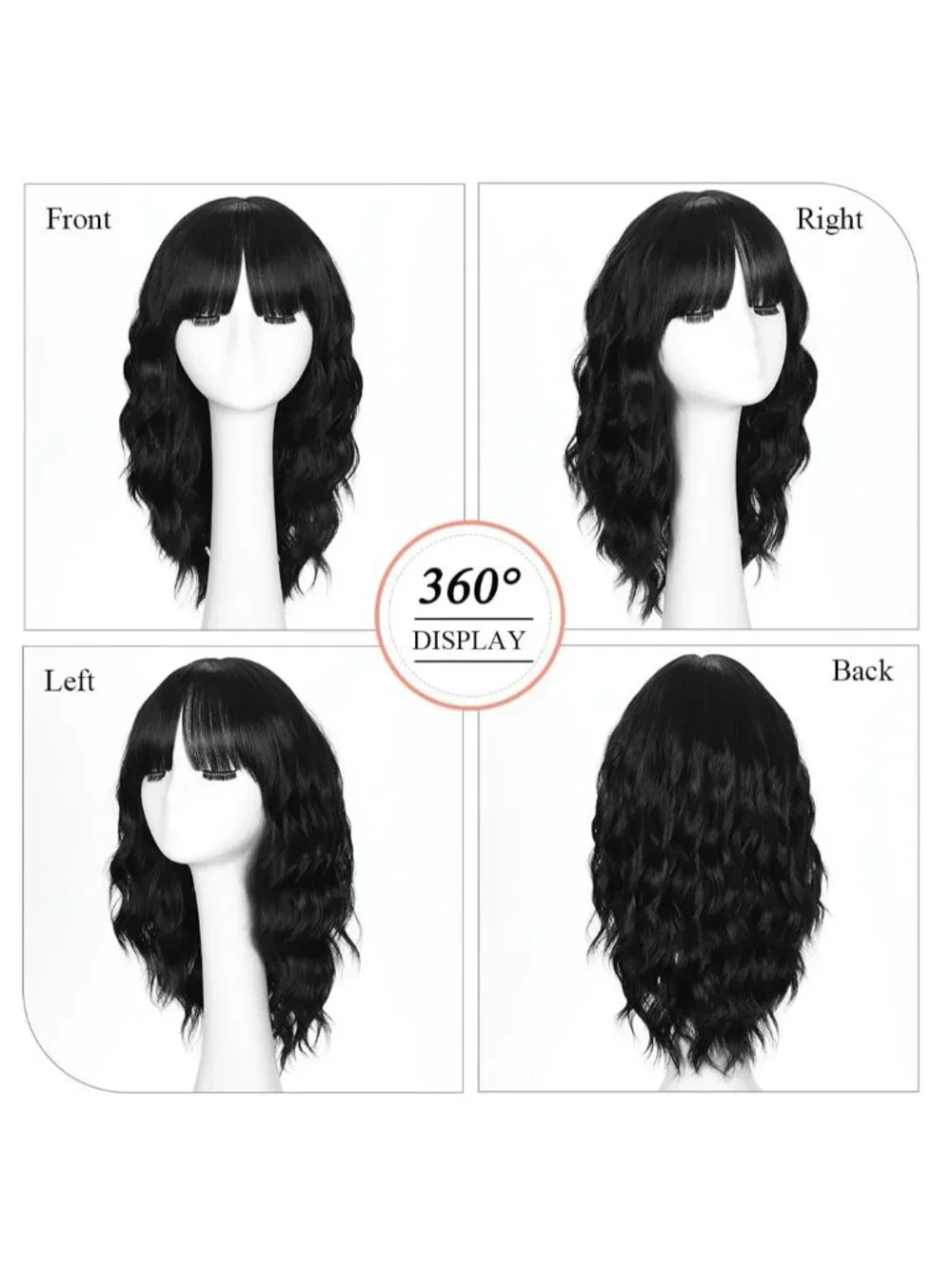 Women's Black 16 Inch Wavy Wig With Bangs Shoulder Length Synthetic Hair